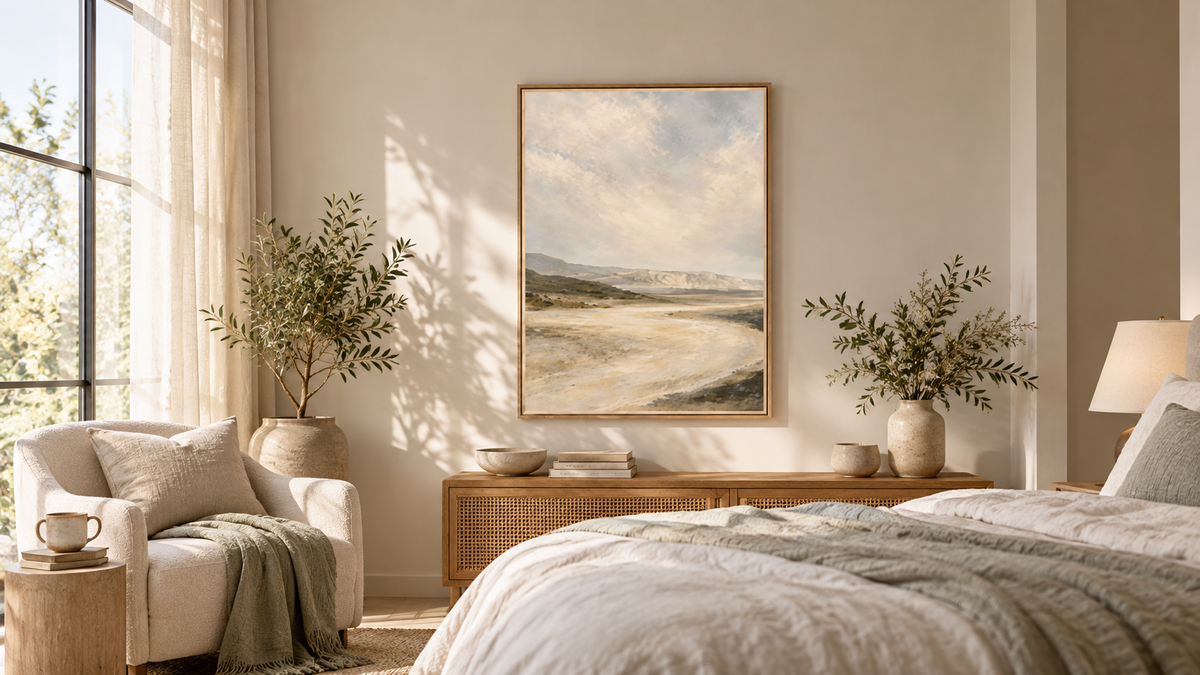 Soft Amber Horizon framed landscape above a bedroom console