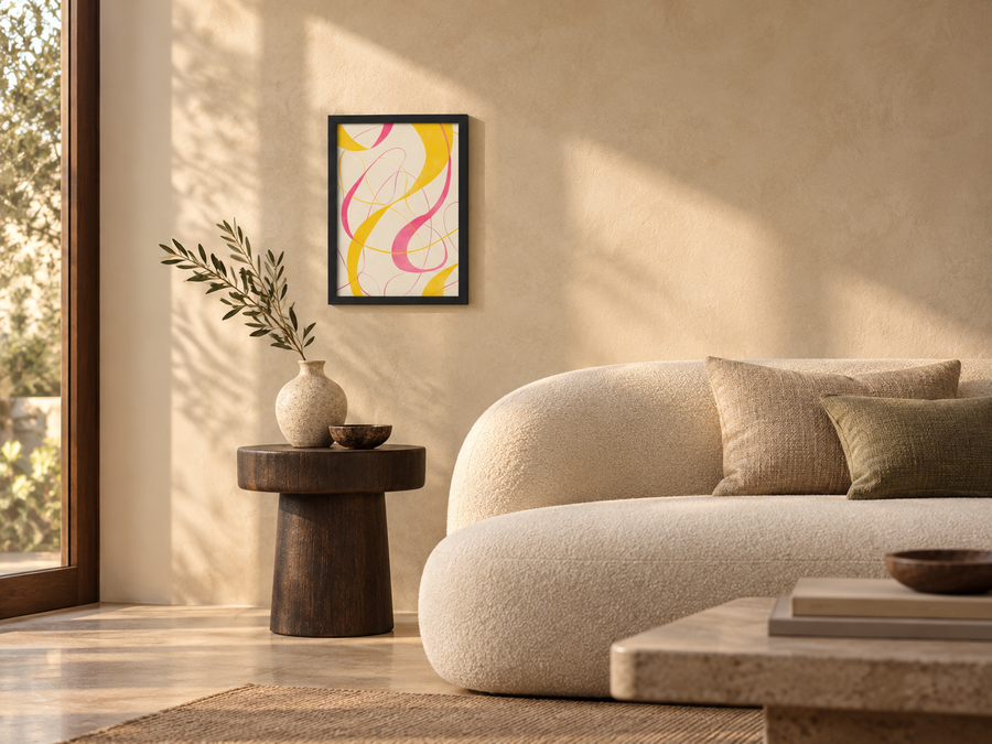 Framed abstract artwork in a light-filled living room