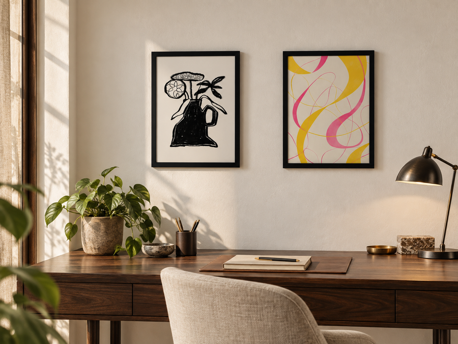 Framed artworks above a warm, considered workspace