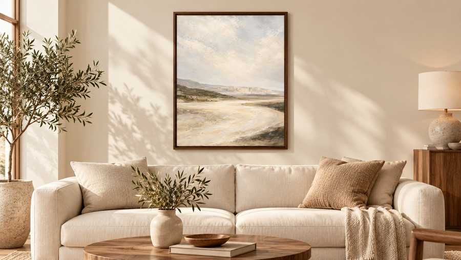 Soft Amber Horizon landscape framed wall art in a walnut wooden frame above a cream sofa in a sunlit living room