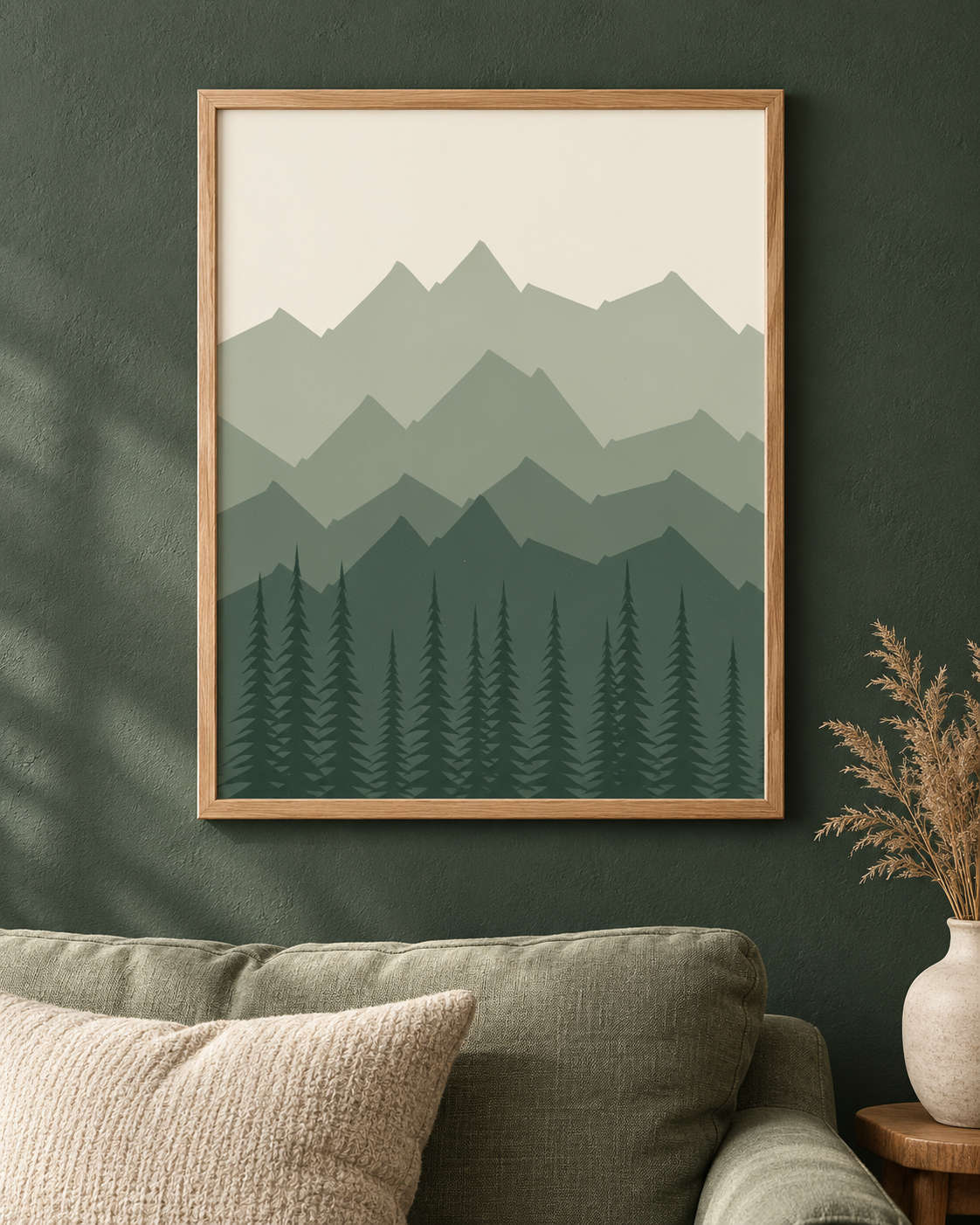 Mistbound Ridge mountain and pine forest artwork in an oak frame; styling illustration, digital files only