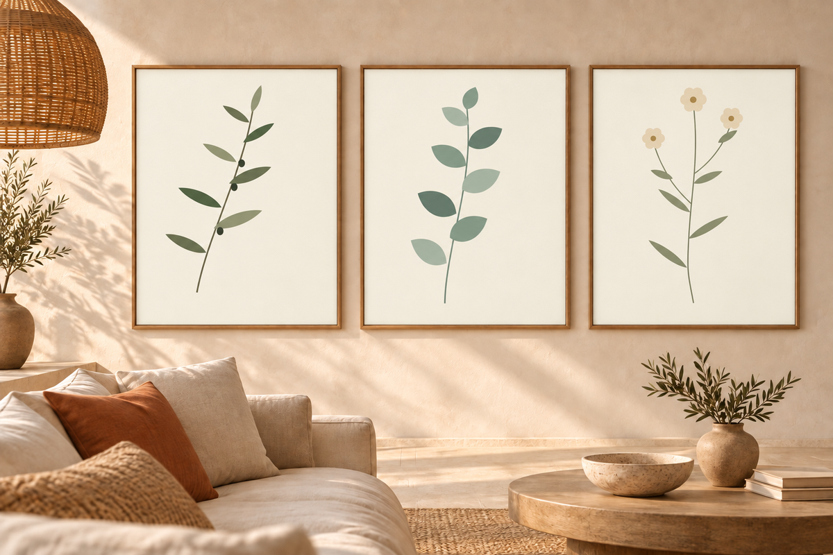 Still Botanicals set of three in matching oak frames — interior styling illustration, digital files only; frames and furnishings excluded