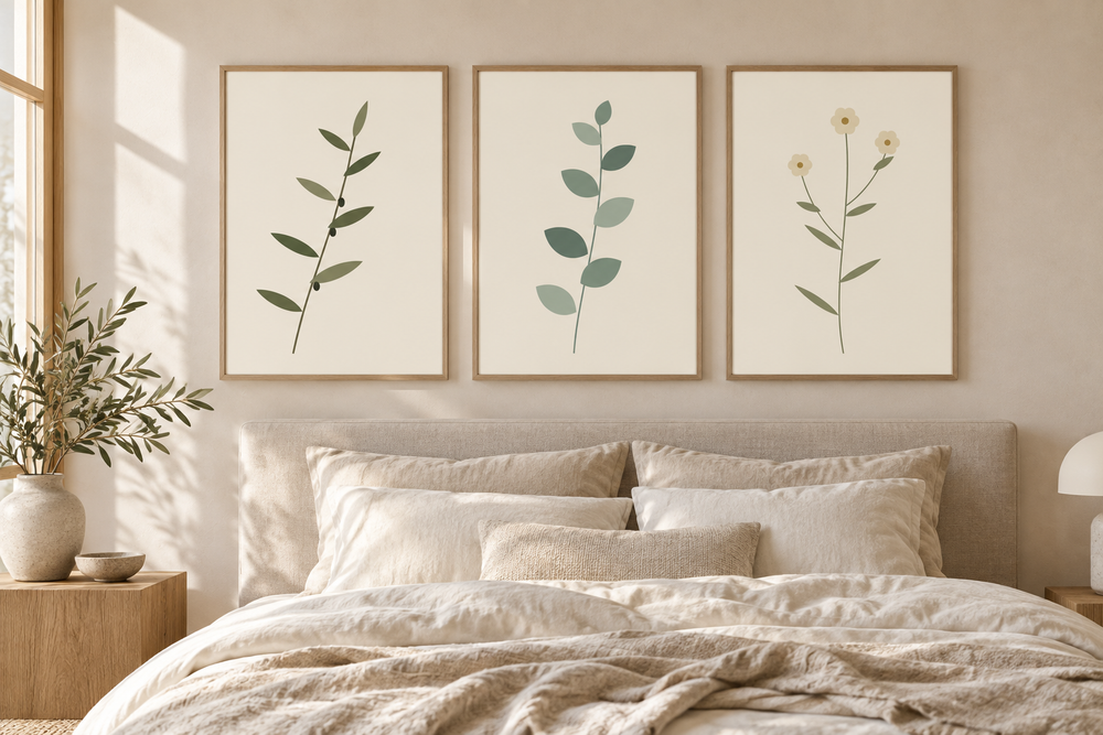 still botanicals clean vector trio in oak frames; interior styling illustration, frames not included