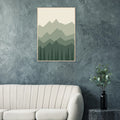 Mistbound Mountains sage green mountain and forest framed landscape art