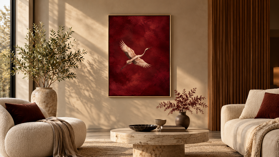 Crimson Crane striking framed wall art in an elegant statement living room