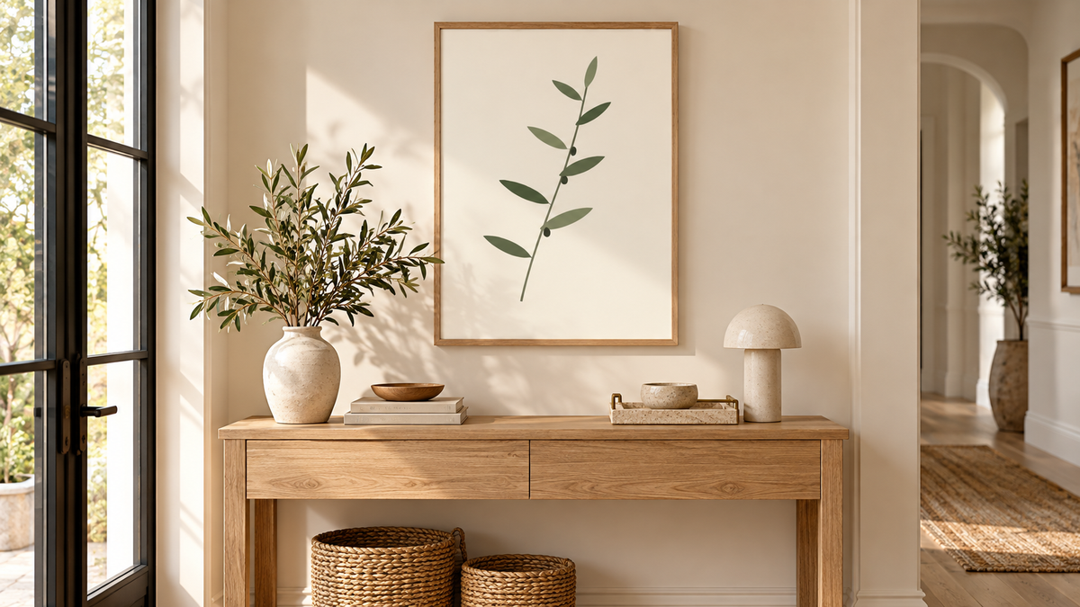 Olive Branch botanical framed wall art above a light oak console table in a sunlit neutral entryway