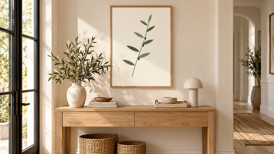 Olive Branch botanical framed wall art above a light oak console table in a sunlit neutral entryway