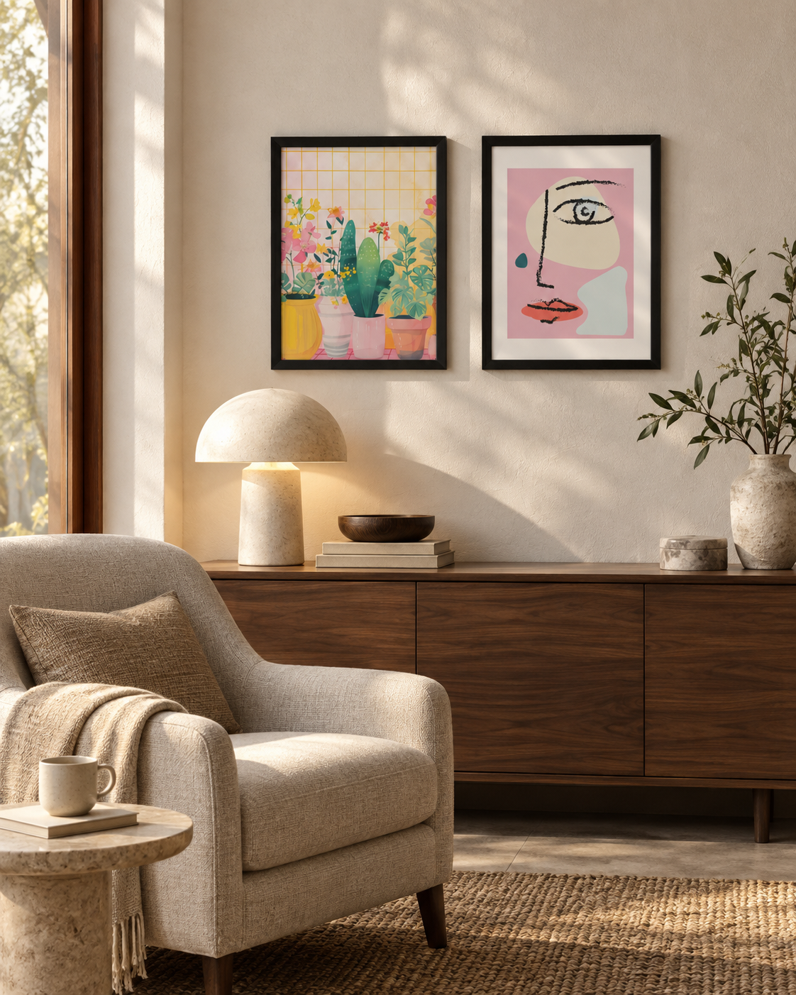A collection of framed artworks in a warm reading room