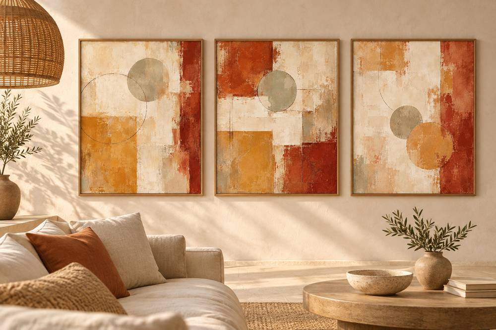 Warm Earth collection — three companion digital abstracts in an illustrated interior; artworks sold separately, frames and furniture excluded