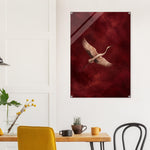 Crimson Crane bird in flight against textured crimson on glossy acrylic — product view 14