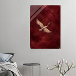 Crimson Crane bird in flight against textured crimson on glossy acrylic — product view 8