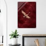 Crimson Crane bird in flight against textured crimson on glossy acrylic — product view 13