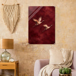 Burgundy Flight soaring cranes in crimson on glossy acrylic — product view 11