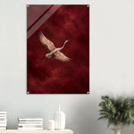 Crimson Crane bird in flight against textured crimson on glossy acrylic — product view 9