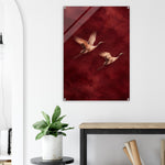 Burgundy Flight soaring cranes in crimson on glossy acrylic — product view 13