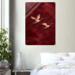Burgundy Flight soaring cranes in crimson on glossy acrylic — product view 12