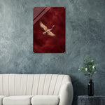 Crimson Crane bird in flight against textured crimson on glossy acrylic — product view 1