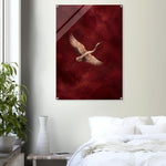 Crimson Crane bird in flight against textured crimson on glossy acrylic — product view 12