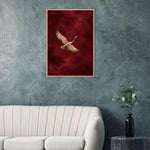Crimson Crane burgundy bird framed wall art with a flying crane