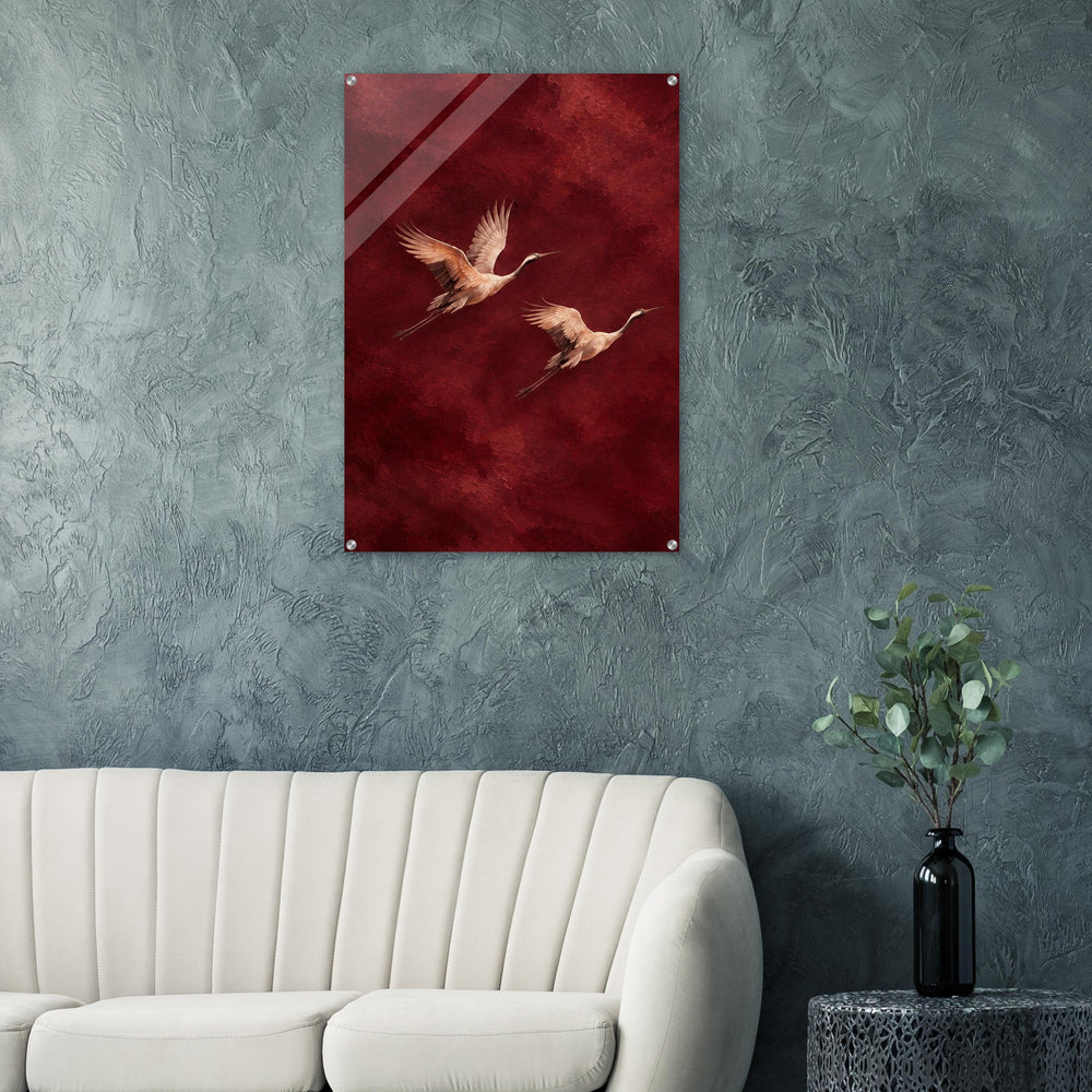 Burgundy Flight soaring cranes in crimson on glossy acrylic — product view 1