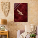 Crimson Crane bird in flight against textured crimson on glossy acrylic — product view 11