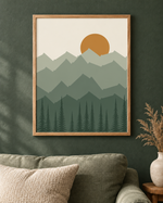 First Light mountain and pine forest artwork in an oak frame; styling illustration, digital files only