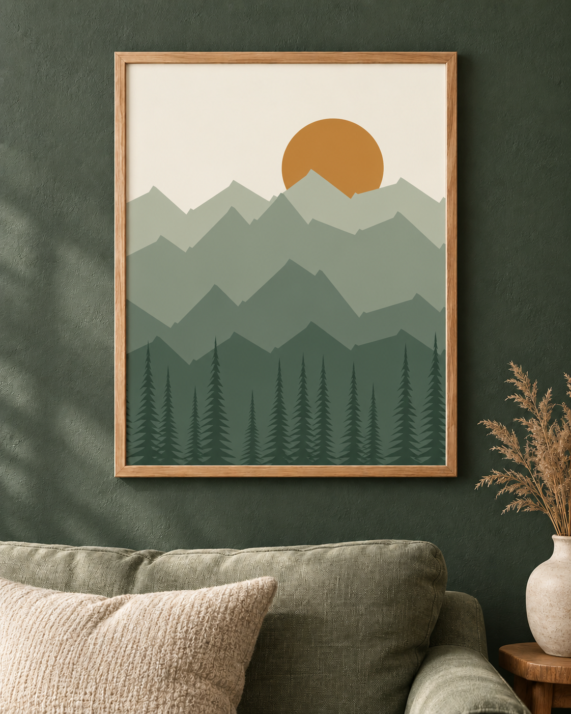 First Light mountain and pine forest artwork in an oak frame; styling illustration, digital files only