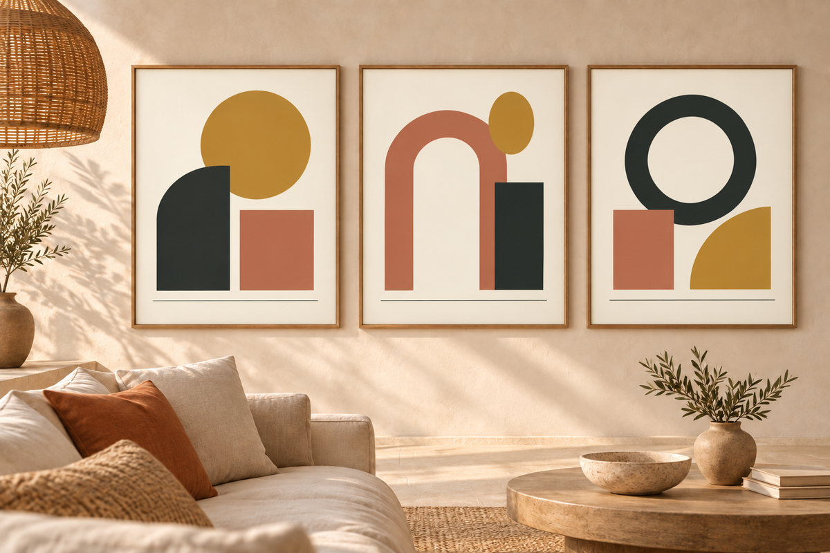 Quiet Forms set of three in matching oak frames — interior styling illustration, digital files only; frames and furnishings excluded