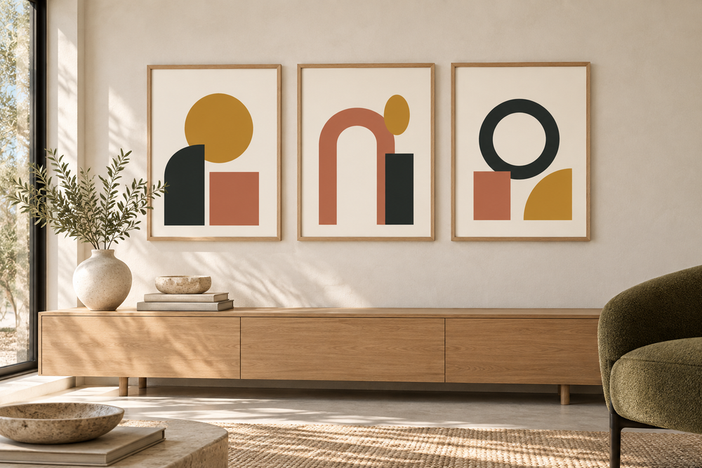 quiet forms clean vector trio in oak frames; interior styling illustration, frames not included