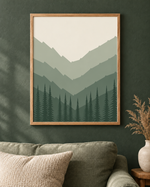 Quiet Valley mountain and pine forest artwork in an oak frame; styling illustration, digital files only