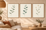 Still Botanicals set of three in matching oak frames — interior styling illustration, digital files only; frames and furnishings excluded