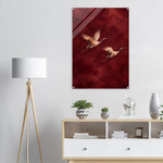 Burgundy Flight soaring cranes in crimson on glossy acrylic — product view 10