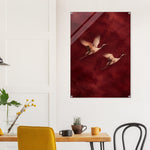 Burgundy Flight soaring cranes in crimson on glossy acrylic — product view 14