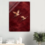 Burgundy Flight soaring cranes in crimson on glossy acrylic — product view 9