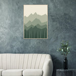 Mistbound Mountains sage green mountain and forest framed landscape art