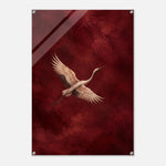 Crimson Crane bird in flight against textured crimson on glossy acrylic — product view 7